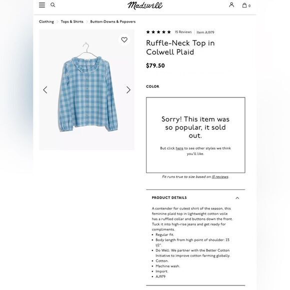 Madewell Ruffle‎ Neck Top Colwell Plaid Medium Blue & White - Picture 10 of 11